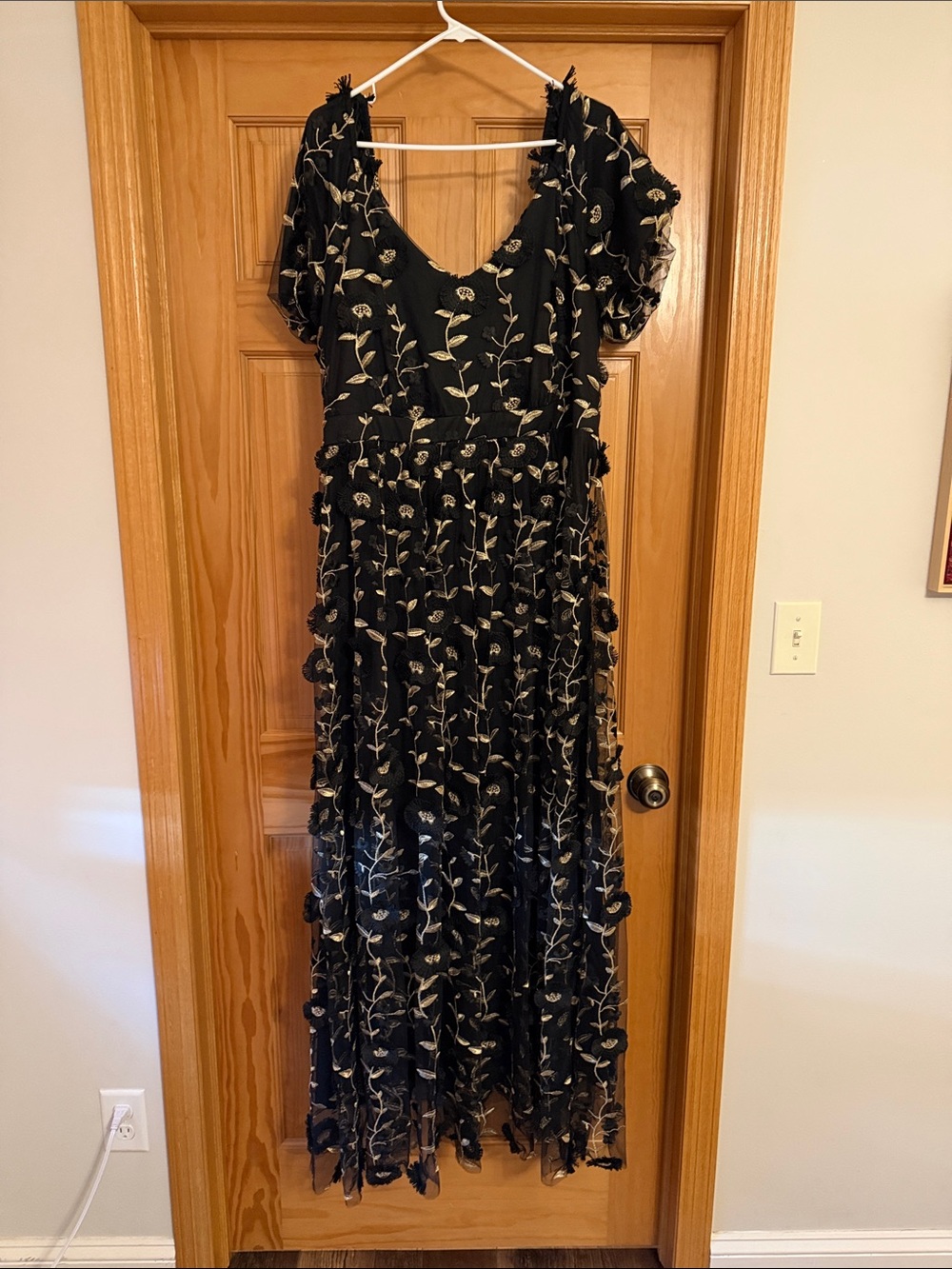 ARULA Black Maxi Dress with Cream Floral Embroidery